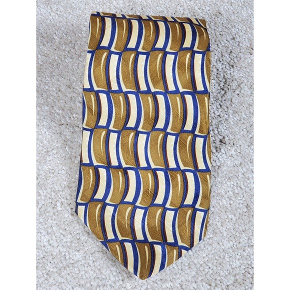 Tom James Silk Neck Tie Geometric Design Gold Blue and Cream 58" - Picture 2 of 6